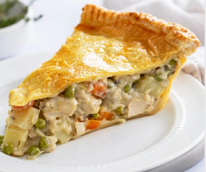 Chicken pot pie; and chocolate Italian Macarons